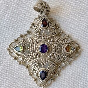 Balinese Style Sterling Silver Pendant with Gemstones Artisan Craftsmanship